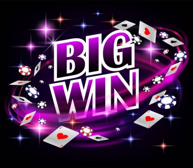 Biw Casino Kumar Poker tasarımı kazanmak. Fiş ve oyun kartları ile poker afiş. Online Casino Banner koyu arka plan. Vektör Illustration.