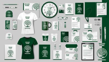 Kurumsal Markakimlik şablonu tasarımı. Modern eko iş Kırtasiye mockup ayarlayın. Markanız için organik stil kırtasiye ve dokümantasyon. Vektör çizimi
