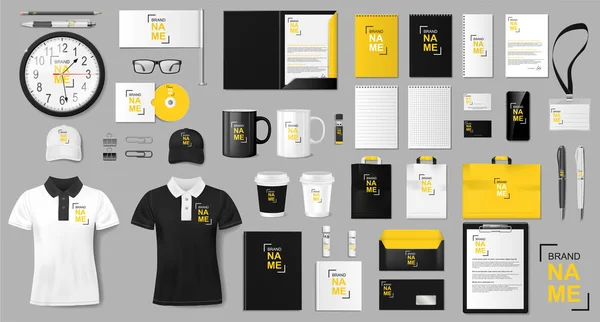 Design av företagsidentitetsmallar. Realistiska gyllene och svarta Business Papper mockup för butik. Papper och uniform, papperspaket, paket för ditt varumärke. Vektorillustration — Stock vektor