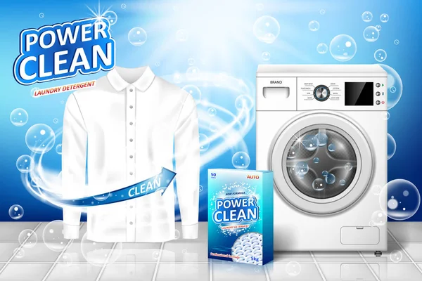 Waschmittelwerbung. Fleckenentferner-Banner-Design mit realistischer Waschmaschinen- und Waschmittelverpackung mit sauberem weißen Hemd. Vektorillustration — Stockvektor