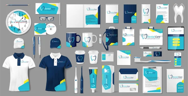 Kurumsal tıp merkezi Markakimlik şablonu tasarımı. Diş Kliniği için Modern Kırtasiye mockup. Markanız için iş tarzı Diş şablonu. Vektör çizimi