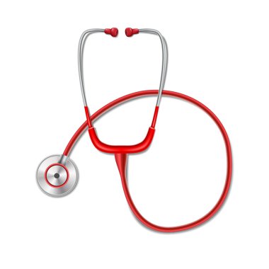 Kırmızı stetoskop mockup izole ile sağlık kavramı. Sağlık tanısı için gerçekçi stetoskop ilaç ekipmanları. Vektör çizimi