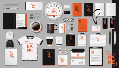 Kurumsal Markakimlik şablonu tasarımı. Modern Gerçekçi renkli Business Kırtasiye mockup. Kırtasiye ve üniforma, kağıt paketi, Kahve, marka için paket. Vektör çizimi