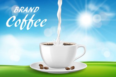 Bir fincan kapuçino kahve kompozisyonu, güneşli bir sabah ve yeşil çimen tasarımı. Sütlü kahve fincanı ve fasulye reklamı. vektör illüstrasyonu