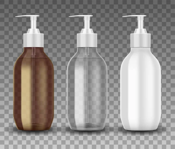 Gerçekçi cam ve şeker pompalı plastik şişe. Şeffaf şişe şablonu. Sıvı jel, sabun, losyon, şampuan, izole krem.. — Stok Vektör