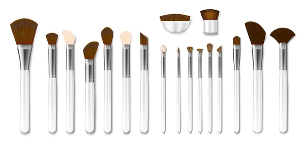 Conjunto de escovas de maquiagem profissional branco isolado. Blush em pó realista, sombra de olhos, escova ou Brow. 3d ilustração vetorial — Vetor de Stock