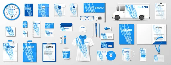 Modelo de identidade corporativa com elementos de cor azul clássico. Mockup de papelaria de negócios realista com design geométrico abstrato para sua marca. Ilustração vetorial — Vetor de Stock