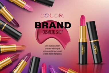 Güzellik ruju reklamları. Moda kozmetik poster tasarımı reklamı için bir dairede farklı renkte ruj. 3d vektör illüstrasyonu