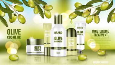 Kozmetik poster reklamı. Bokeh arka planında yeşil zeytinli gerçekçi cam kavanoz. Yüz kremi, vücut yıkama, losyon, deodorant, kozmetik şişe şablonu. Gerçekçi 3d illüstrasyon.
