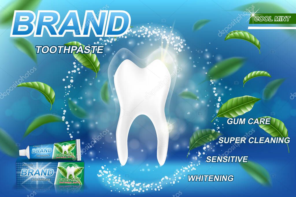 Whitening toothpaste ads, mint leaves background. Tooth model and product package design for dental care poster or advertising. 3d Vector illustration EPS 10
