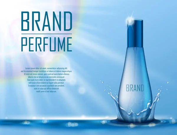 化粧品広告。滴とあなたのブランドのための水スプラッシュと青の水の背景に現実的な香水の容器。透明な香水瓶のテンプレート。ベクトル3Dイラスト — ストックベクタ