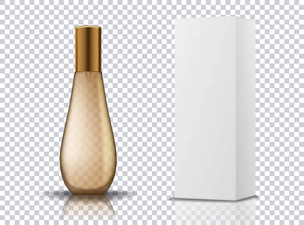 Διαφανές χρυσό μπουκάλι άρωμα καλλυντικά δοχείο με λευκό κουτί απομονωμένο. Mockup για το εμπορικό σήμα συσκευασίας του προϊόντος. Ρεαλιστική διανυσματική απεικόνιση του καλλυντικού προϊόντος — Διανυσματικό Αρχείο