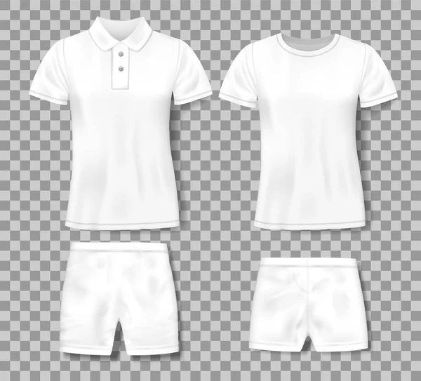 Camisa de pólo masculino realista branco e modelo de design de shorts esportivos. Conjunto de t-shirts, homens clássico polo mockup isolado. Ilustração vetorial —  Vetores de Stock