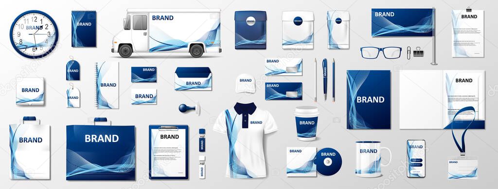 Corporate Branding identity template design. Modern Stationery mockup blue color. Business style stationery and documentation for your brand. Vector illustration EPS 10