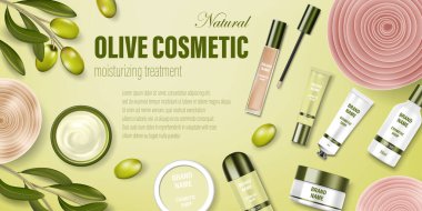 Kozmetik poster reklamı. Yeşil zeytinli ve yumuşak çiçekli gerçekçi cam kavanoz. Yüz kremi, vücut yıkama, losyon, deodorant, kozmetik şişe şablonu. Gerçekçi 3d illüstrasyon.