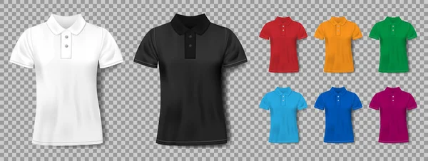 Modelo de design de camisa de pólo masculino magro realista colorido. Conjunto de camisas de manga curta para o esporte, homens polo clássico. Ilustração vetorial —  Vetores de Stock