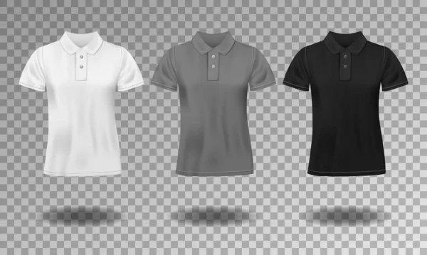Черный, белый и серый реалистичный тонкий мужской дизайн футболки поло. Набор футболок с коротким рукавом для спорта, классическое мужское поло. Векторная иллюстрация Лицензионные Стоковые Векторы