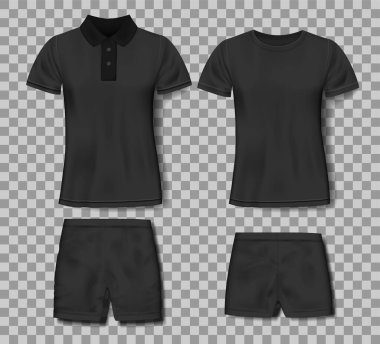 Siyah gerçekçi erkek polo gömleği ve spor şortu tasarım şablonu. Spor için tişört takımı, erkekler klasik polo takımı. Vektör illüstrasyonu