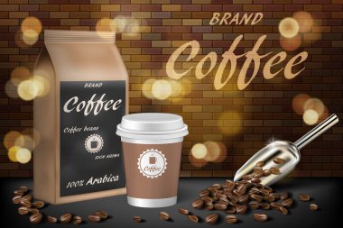 Kahve fincanı ve fasulye reklamları. Sıcak Arabika kahvesinin 3 boyutlu çizimi. Tuğla kaplamalı kağıt paket tasarımı. Vektör