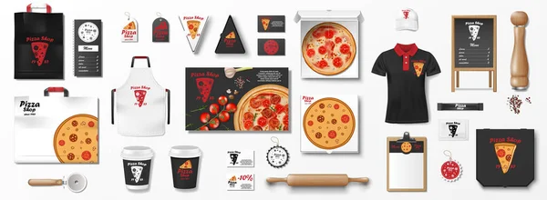 Conjunto de maquetes para pizzaria, café ou restaurante. Conjunto de marca realista de caixa de pizza, folheto, uniforme, menu, pacote de papelão. Elementos de maquilhagem de pizza para pizzaria. ilustração vetorial — Vetor de Stock