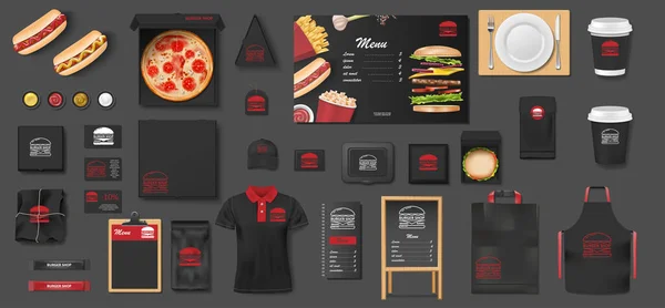 Mockup Negro para pizzería, cafetería, restaurante de comida rápida. Marca maqueta conjunto de pizza, menú de la calle, hamburguesa, hot dog, paquete. Café, paquete de comida rápida. vector Gráficos Vectoriales