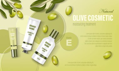 Kozmetik poster reklamı. Yeşil zeytinli, yuvarlak diskli ve gerçekçi tüplü gerçekçi cam kavanoz. Yüz kremi, vücut yıkama, losyon, kozmetik şişe şablonu. Gerçekçi 3d illüstrasyon