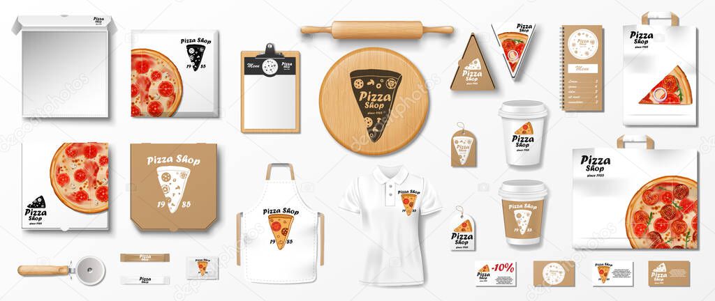 Mockup set for pizzeria, cafe or restaurant. Realistic branding set of poster, pizza slice box, uniform, cardboard package. Pizza mockup elements. vector EPS 10