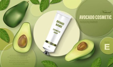 Avokado kozmetik poster reklamı. Yeşil avokado ve ağaç yapraklı gerçekçi el kremi dairesel diskler ve gerçekçi tüpler. Kozmetik şişe şablonu. Gerçekçi 3d illüstrasyon