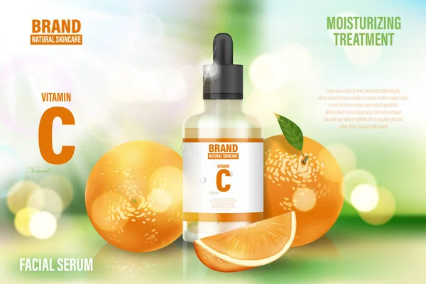 Anuncio de póster cosmético de lujo. Sérum de vidrio realista Botella sobre fondo bokeh con vitamina C y naranja. Banner para el cuidado de la piel. Ilustración realista 3d. Ilustraciones De Stock Sin Royalties Gratis