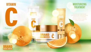 Kozmetik poster reklamı. Portakallı ve yeşil yapraklı gerçekçi cam kavanoz. Yüz kremi, vücut yıkama, losyon, deodorant, kozmetik şişe şablonu. 3d illüstrasyon