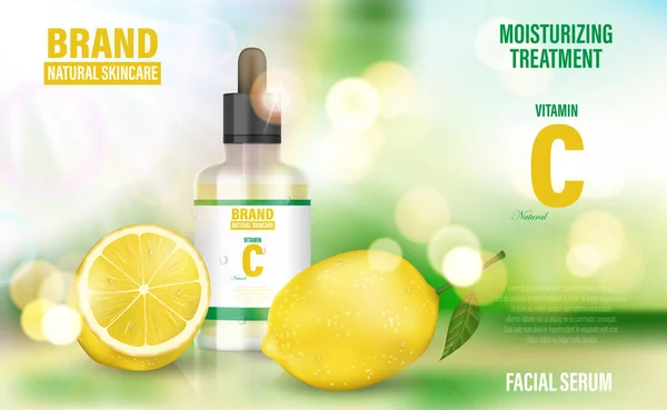 Anuncio de póster cosmético. Sérum realista de frasco de vidrio sobre fondo bokeh con vitamina C y limón. Banner para el cuidado de la piel. Ilustración realista 3d. — Vector de stock