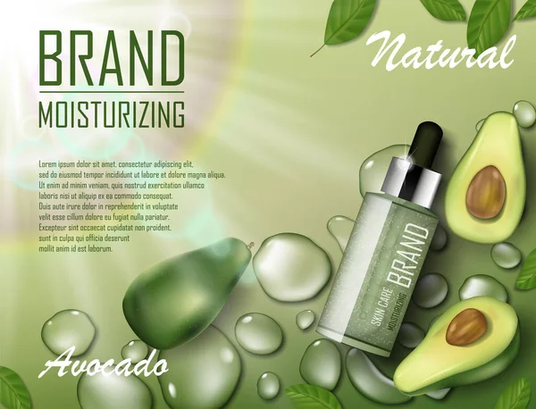 Avocado beauty cosmetics oil ad. Organic essence bottle mockup laying on watery green background. Natural avocado skin care cosmetic. Realistic 3d vector — Stock Vector