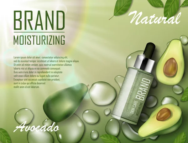 Avocado belleza cosméticos aceite anuncio. Esencia orgánica botella mockup por encima de fondo verde acuoso. Cosmética natural para el cuidado de la piel de aguacate. vector 3D realista Vector De Stock