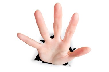 Kadın eli kağıdı delip geçmiş. Beyaz, geniş açılı. Ani hareket, engelleri aşmak, sürpriz. atılım ve yakalama kavramı