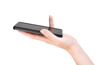 Akıllı telefonu tutan kadın. Yan görünüm beyaz, kırpma yolu dahil