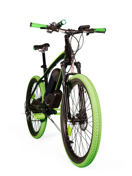 Черный Зеленый Электрический Велосипед Изолированный Белом Вырезанным Дорожкой — стоковое фото