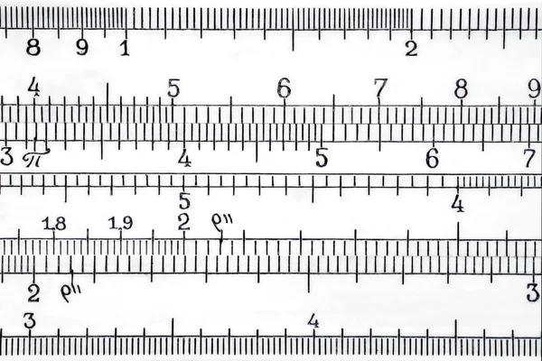 Logaritmické Měřítko Diapozitivního Pravítka Extrémně Zblízka Matematika Vědecké Abstraktní Pozadí — Stock fotografie