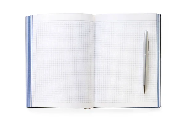 Carnet Ouvert Avec Stylo Vue Dessus Isolé Sur Blanc Chemin — Photo