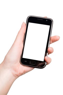 Akıllı telefonu tutan kadın. Uzayı ekrana kopyala. Beyaz üzerine izole edilmiş, kırpma yolu dahil