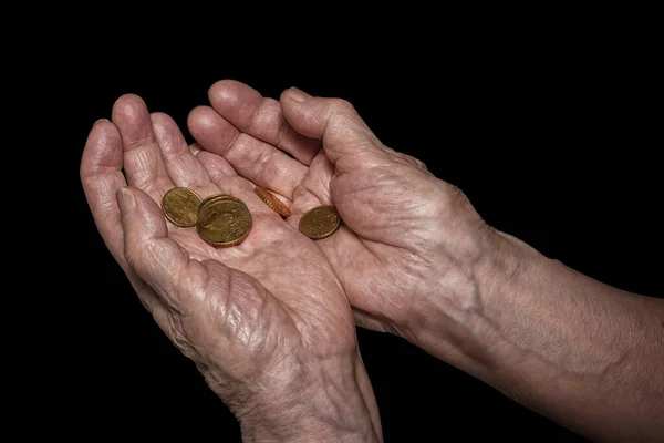 Des Femmes Âgées Tenant Des Pièces Euros Pension Pauvreté Problèmes — Photo