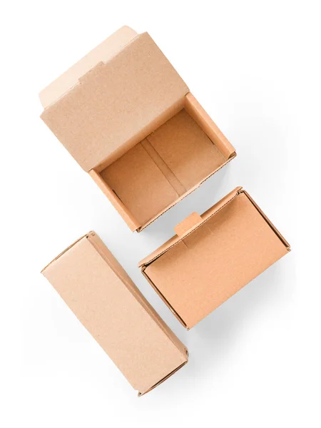 Malé Kartónové Krabičky Izolované Bílém Pohled Shora Včetně Cesty Oříznutí — Stock fotografie