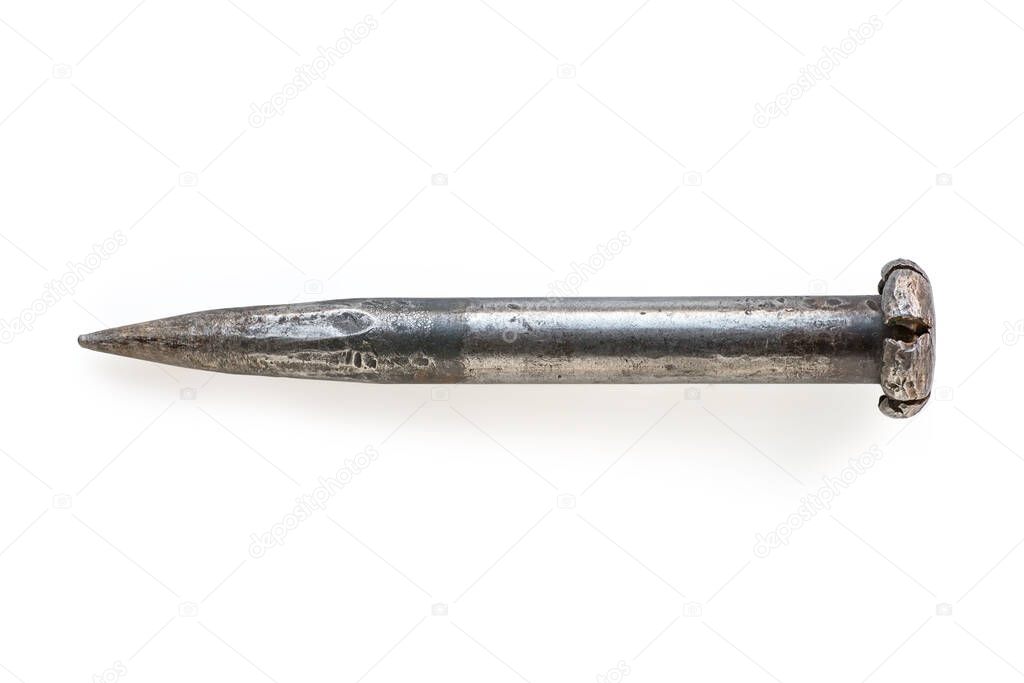Old rough huge iron spike. Isolated on white, clipping path included