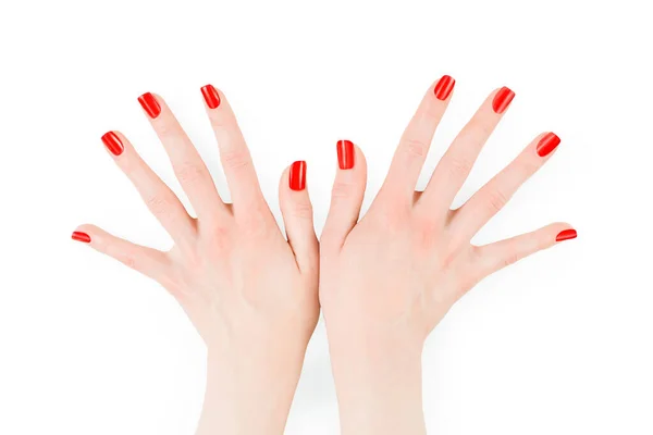 Woman Hands Perfect Bright Red Polish Isolated White Clipping Path — Stock Photo, Image