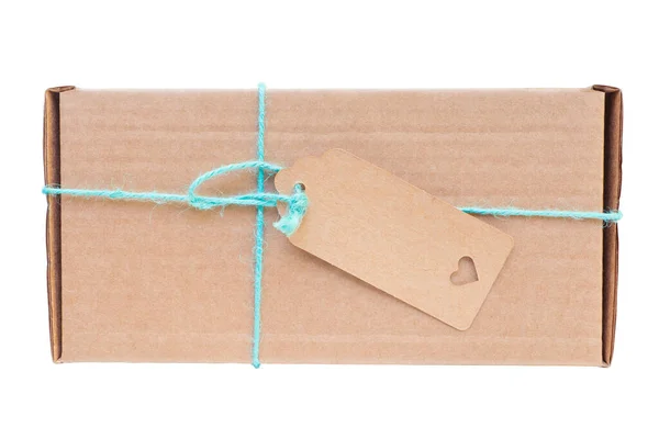 Kartónová Dárková Krabice Vázaná Modrým Provázkem Prázdný Štítek Něm Izolováno — Stock fotografie