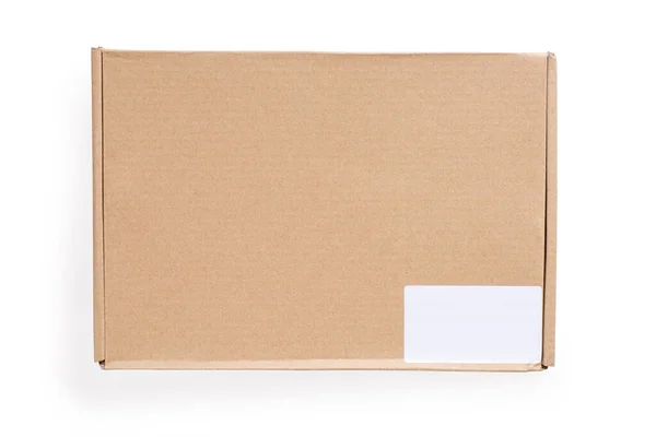 Closed Cardboard Box Blank White Label Isolated White Clipping Path — Stock Photo, Image