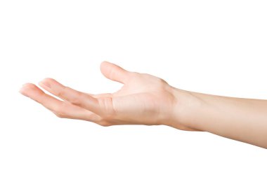 Güzel kadın elleri bir şey tutuyor. Beyaz üzerine izole edilmiş, kırpma yolu dahil