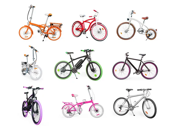 Coleção Bicicletas Diferentes Conjunto Bicicletas Elétricas Urbanas Cruzeiro Mtb Dobráveis — Fotografia de Stock