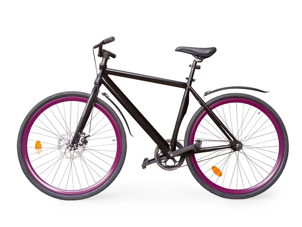 黑色固定简朴的城市自行车 带有紫色的呼噜声 被隔离在白色的快捷方式上 — 图库照片