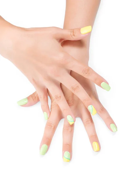 Handen Met Citrus Thema Kunst Manicure Geïsoleerd Wit Inclusief Knippad — Stockfoto