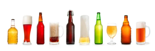 Διάφορα Συλλογή Μπύρας Σειρά Από Διαφορετικές Φιάλες Και Ποτήρια Μπύρας — Φωτογραφία Αρχείου
